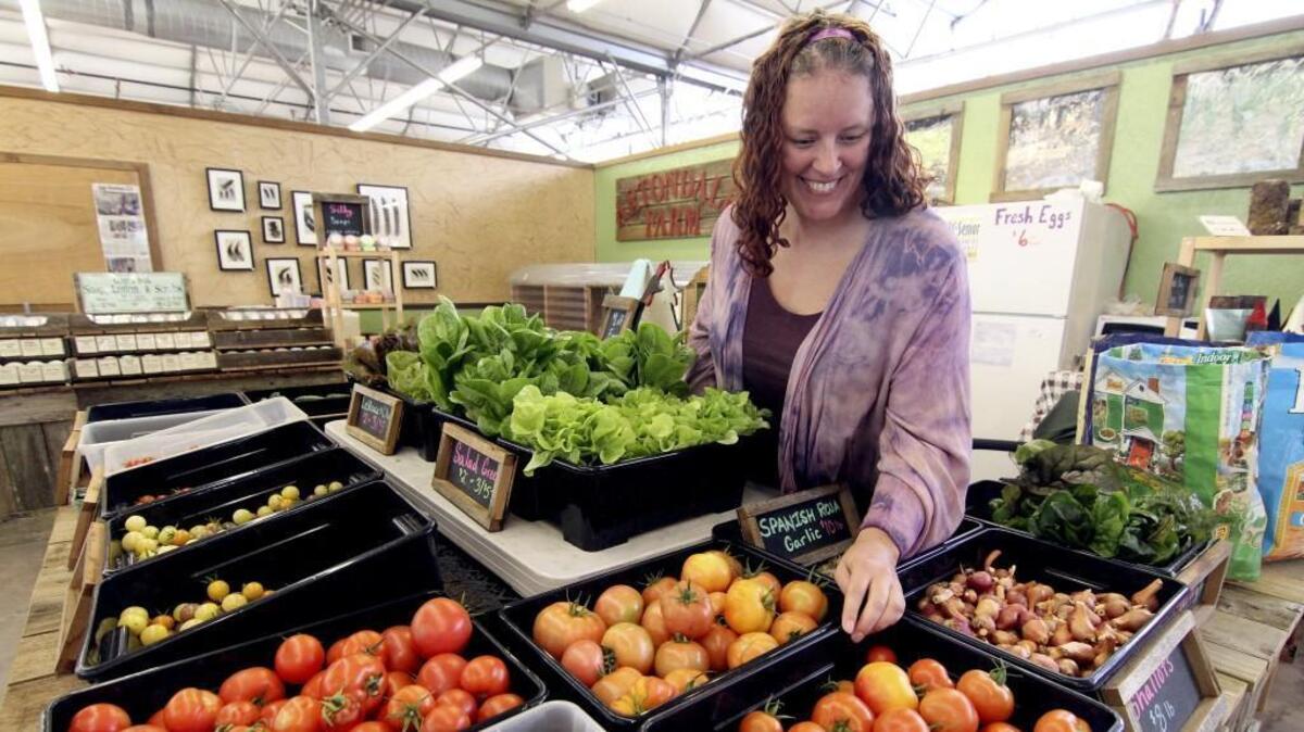 Artondale farm owner Jess Hogan checks her fresh vegetables at the Gig Harbor Farmers Market in 2015. The market kicks off its fifth season June 6.