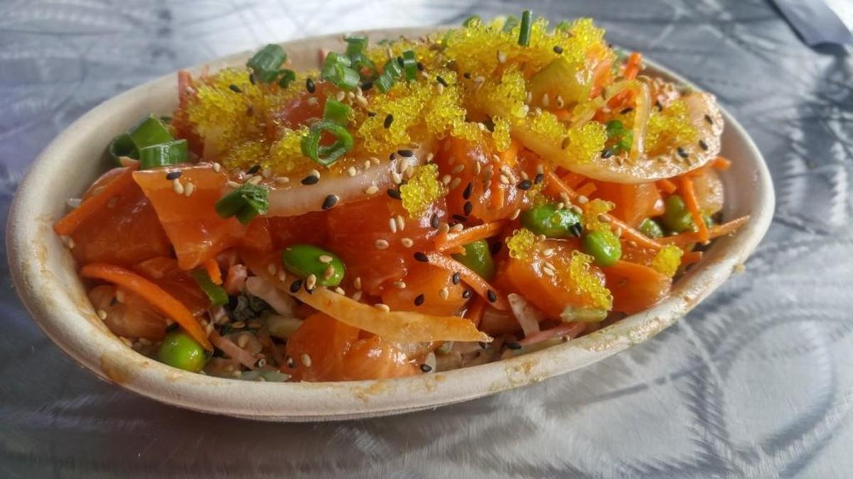 The salmon poke bowl at Trapurito’s in Bonney Lake.