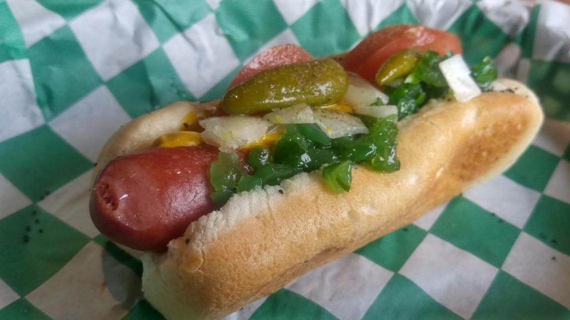 A Chicago dog, called the Chi-Town, from CaskCades is made with a Red Hot frank on a poppy-seed bun and all the trimmings of a hot dog properly “dragged through the garden.”