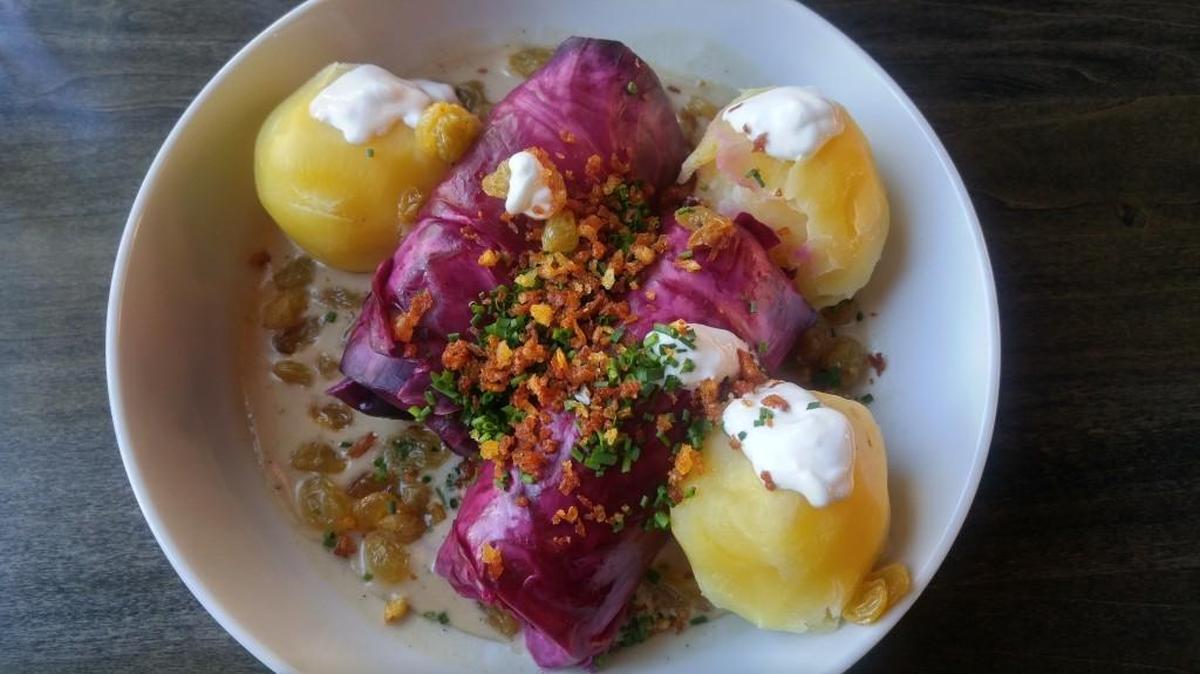 Cabbage rolls filled with a sauerbraten-style filling at Rhein Haus Tacoma.