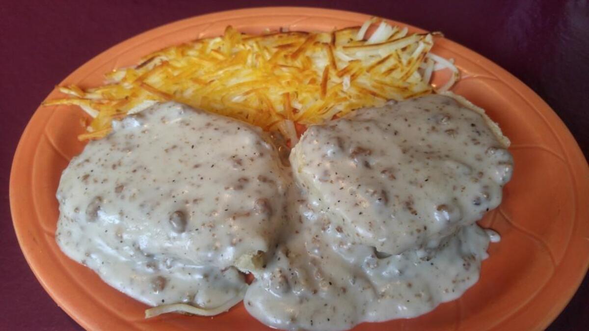 Biscuits with sausage gravy from Hometown Charm Cafe in downtown Sumner.