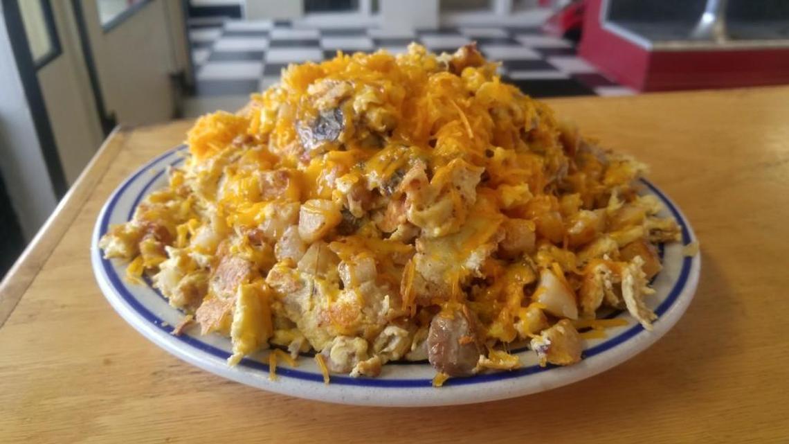The five-pound hobo hash with potatoes, scrambled eggs, bacon and mushrooms at Around the Corner Cafe 2 in Tacoma.
