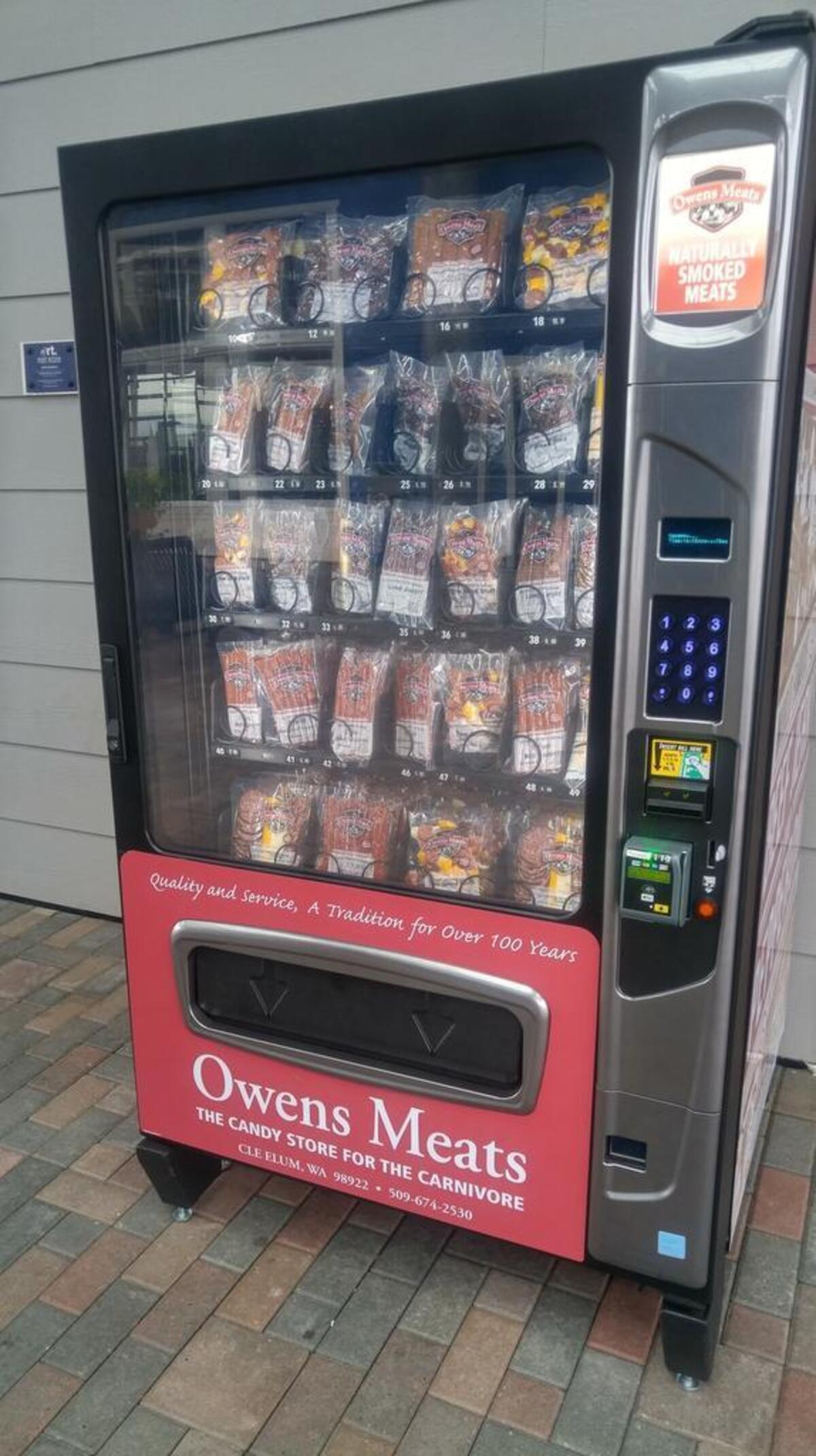 Owens Meats vending machines dispense meat and cheese at Half Lion Brewery in Sumner. This one is in a breezeway across from the entrance to Fish Brewing at Point Ruston.