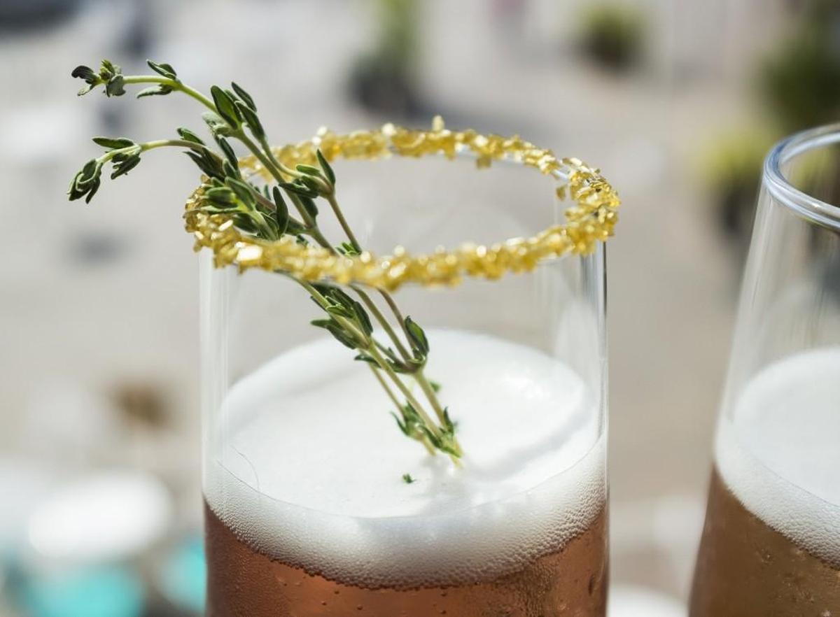 The Klimt features a sprig of thyme and an edible gold dust rim at The Blue Octopus.
