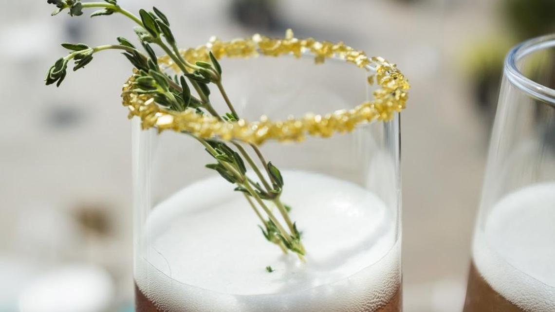 The Klimt features a sprig of thyme and an edible gold dust rim at The Blue Octopus.