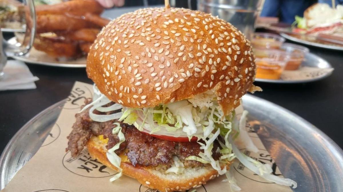 The 571 burger, the house burger, at Stack 571 Burger and Whiskey Bar in Tacoma.