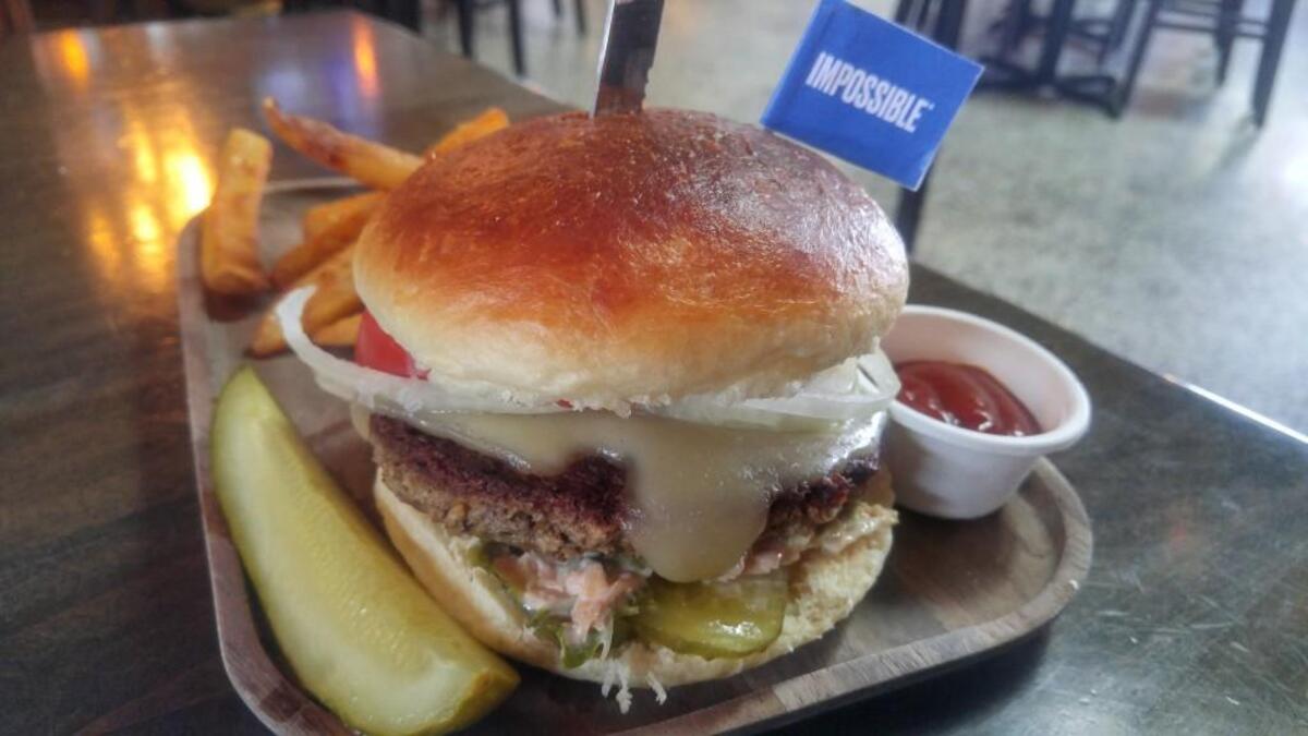 The Impossible burger at Rhein Haus Tacoma is served vegetarian here. A vegan version is also available.