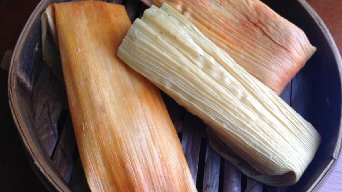 Pictured, from Los Tamales in Tacoma, a sweet corn tamale (center) and two rajas tamales (cheese and jalapeno). Find seven kinds of tamales at the new Mexican restaurant.