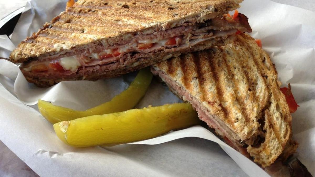 The “Shington” sandwich, a combination of roast beef and horseradish, grilled in a panini press.