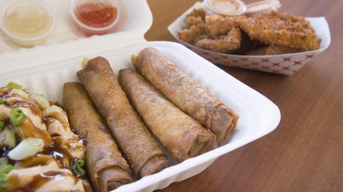 A traditional combo with a variety of lumpia and chicken katsu, right, from Lumpia World.