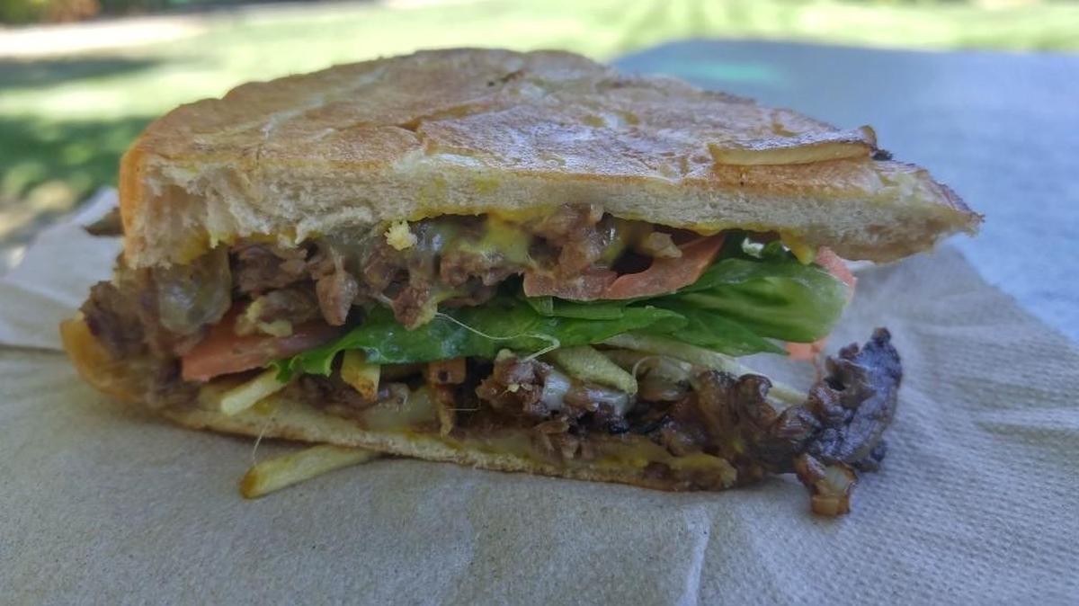 A pan con bistec sandwich from South Beach Cuisine and Espresso, a new food truck from the owners of The Organic Lunchbox.