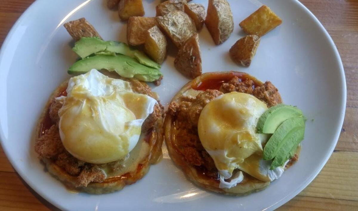 Eggs Benedict with chorizo and poached eggs from Casco Antiguo Tacoma.