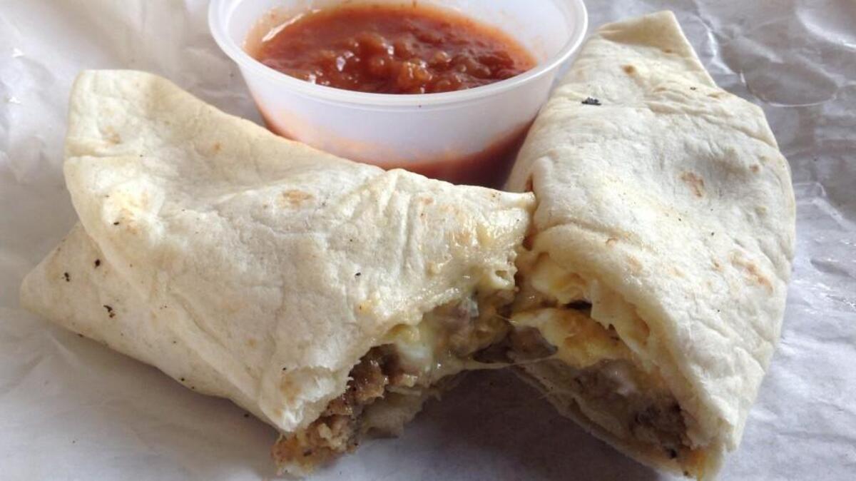 A sausage breakfast burrito from Black Kettle Bites and Brew. The new cafe in downtown Tacoma serves breakfast burritos all day and craft beer in cans.