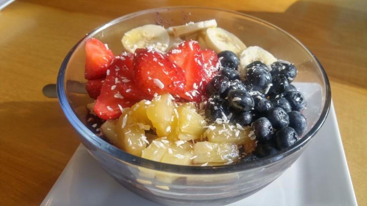 The clasic acai bowl with blueberries, strawberries, banana and pineapple at The Harbor General Store.