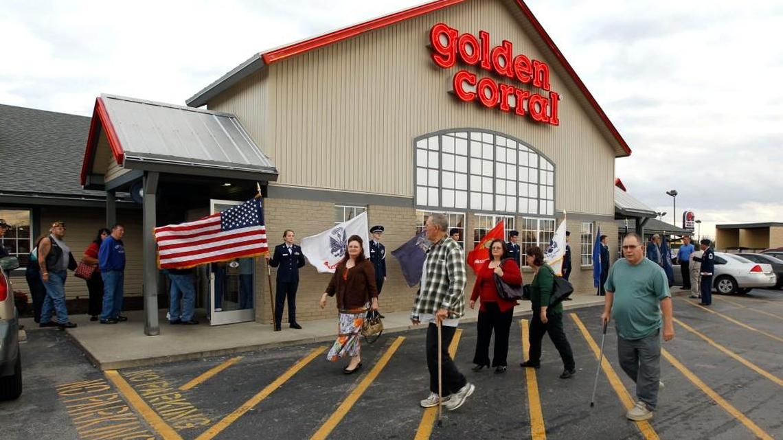 Veterans and their families arrive for a free military appreciation dinner for veterans held at the Golden Corral in London, Kentucky, in, 2011. Golden Corral is opening its Puyallup location Wednesday, May 15.