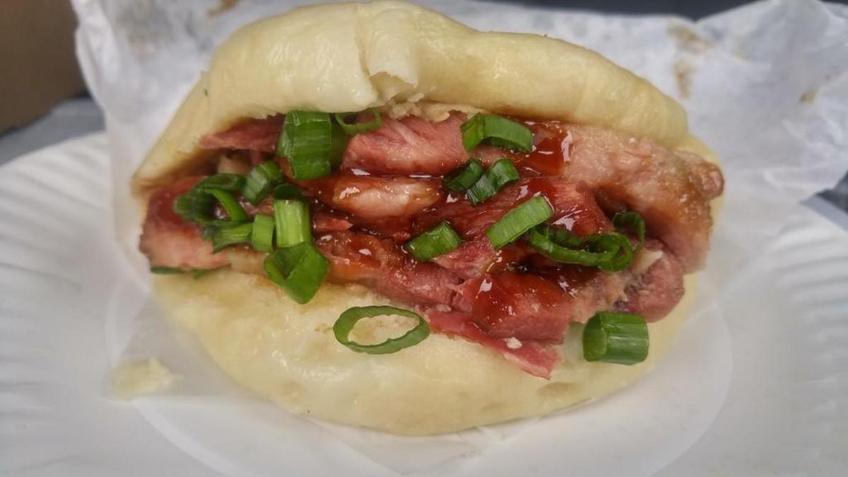 A corned beef Samoan taco made on a manapua, a Hawaiian version of Chinese bao, from Taste of Samoa Manapua Bakery in Parkland.