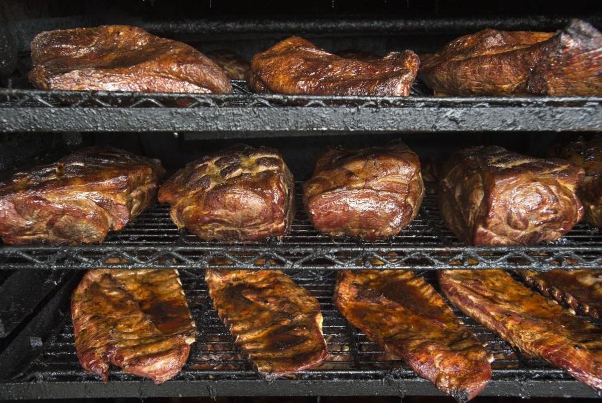 Beef brisket, pork shoulder and spare ribs in the smoker at Brank’s BBQ in Sumner.