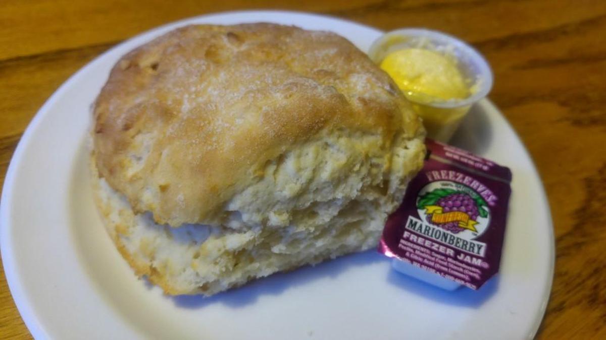 A fluffy biscuit comes with breakfast entrees at Homestead Restaurant and Bakery.