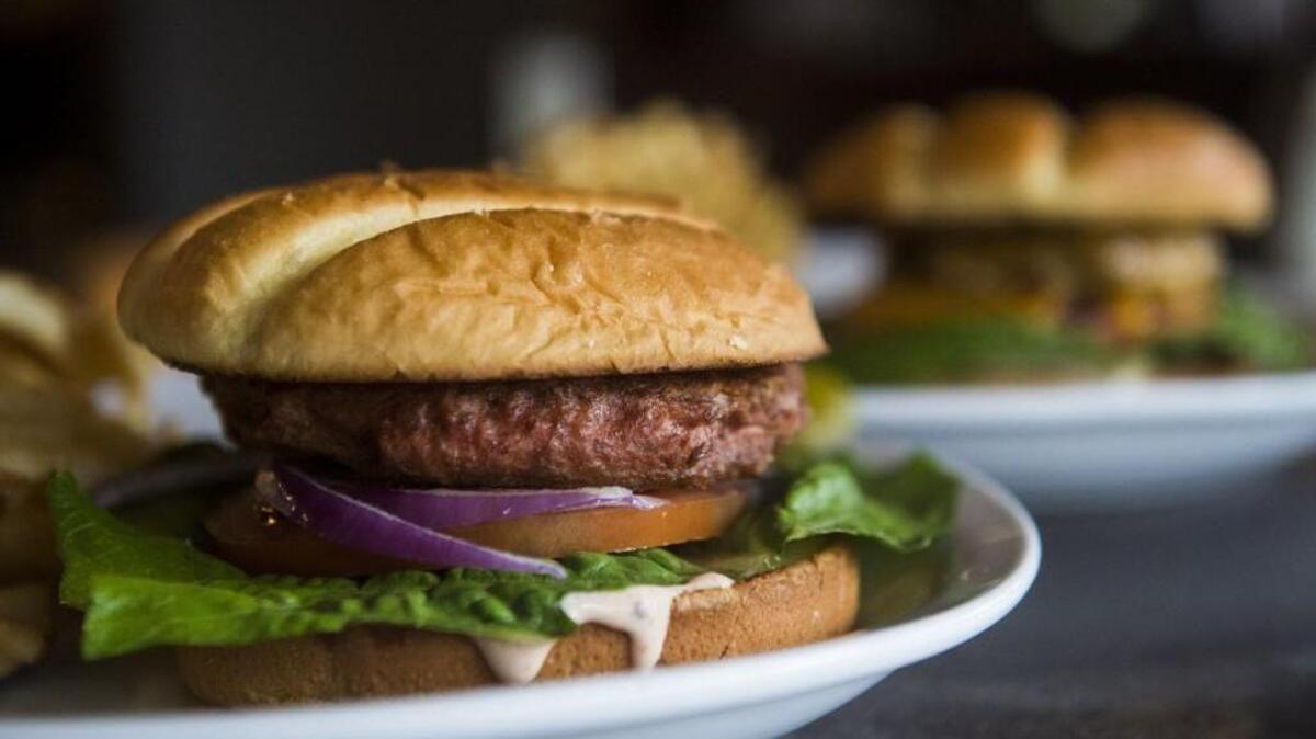 The Beyond Meat burger served at Hob Nob in Tacoma. The Beyond burger is a plant-based burger patty including peas, trace amounts of beet, coconut oil, and potato starch. Find the patty in several local restaurants as a meat substitute for meat eaters and non-meat eaters.