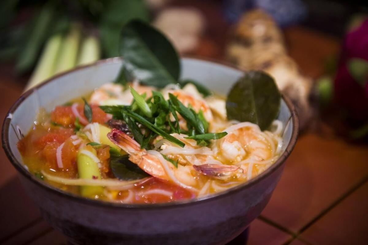 The Spicy Noodle Soup with prawns at The Fuzion Cafe in Tacoma.