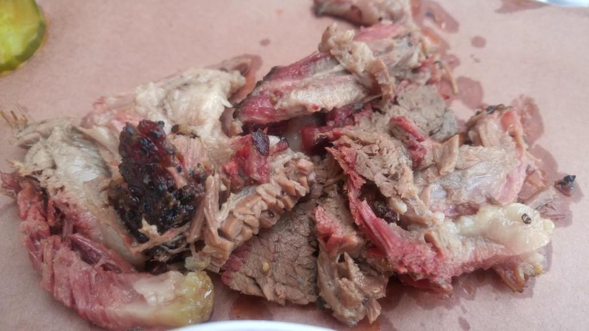 A pile of sliced brisket rubbed with salt and pepper, from BBQ2U in Gig Harbor.