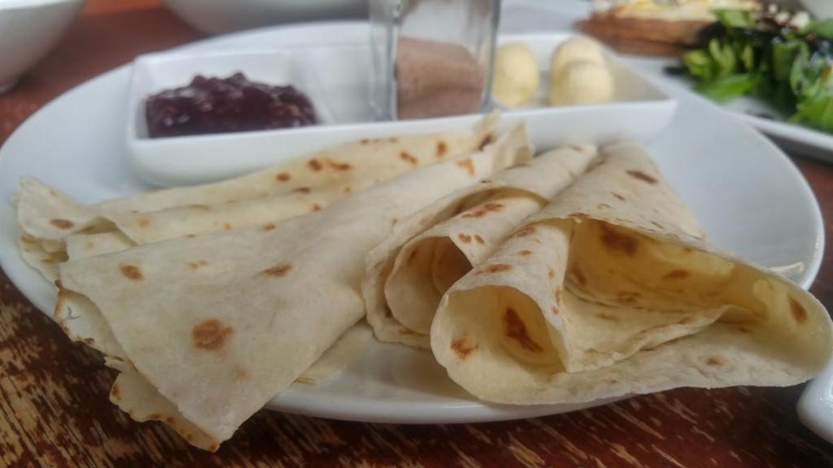 Lefse with lingonberry preserves, butter and cinnamon sugar at 208 Garfield.