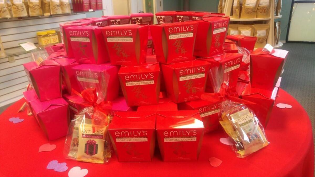 A display of chocolate-coated fortune cookies at Emily’s in Fife.