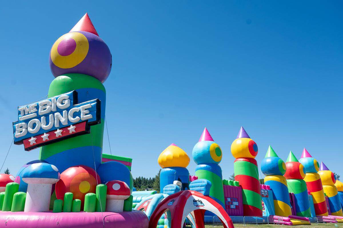 The entrance of The Big Bounce America tour, and The World’s Biggest Bounce House behind it, are pictured on Friday, July 11, 2025, at the Puyallup fairgrounds in Puyallup, Wash.