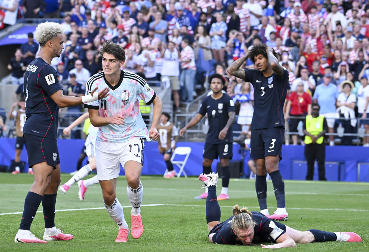 Belgium forward Charles de Ketelaere (17) runs to the sideline after heading the ball over United States of America defender Tim Ream (13) for a goal during a round of sixteen FIFA World Cup match on Monday, July 6, 2026, in Seattle.