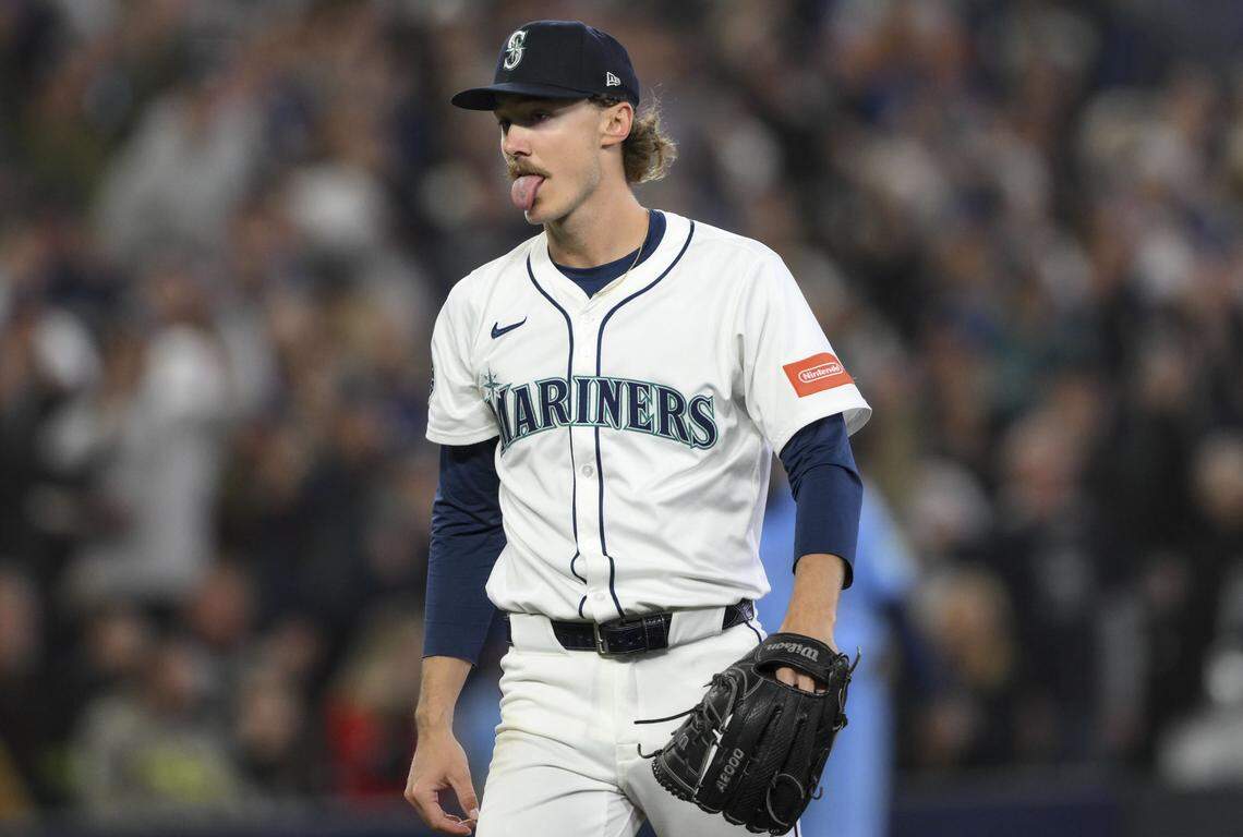 Mariners starting pitcher Bryce Miller reacts after striking out Toronto’s Addison Barger in the second inning of Game 5 of the American League Championship Series on Friday, Oct. 17, 2025 at T-Mobile Park in Seattle.