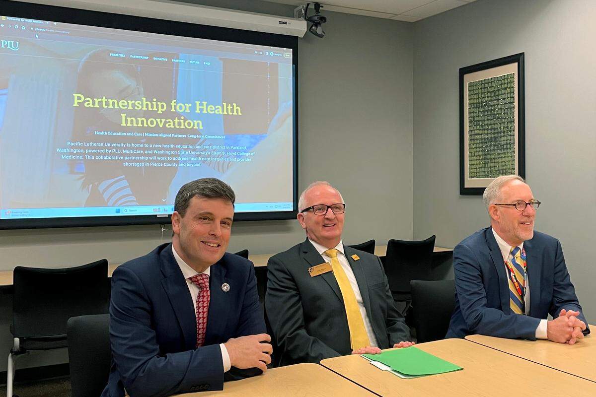Washington State University College of Medicine Dean Jim Record, Pacific Lutheran University president Allan Belton and MultiCare CEO Bill Robertson held a press conference at PLU Tuesday to announce a formal partnership to build a new medical center in the Parkland-Spanaway area.