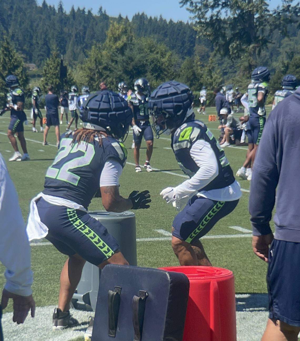 Rookie running back Damien Martinez (22) from Miami and Oregon State practicing pass blocking on the fifth day of Seattle Seahawks NFL training camp at the Virginia Mason Athletic Center in Renton Monday, July 28, 2025.