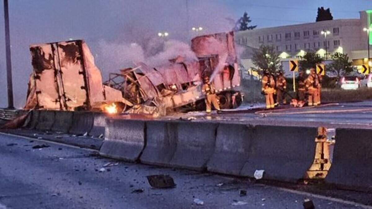 This wreck on Interstate 5 near South 84th Street in Pierce County has both directions of the freeway blocked the morning of April 29, 2025.