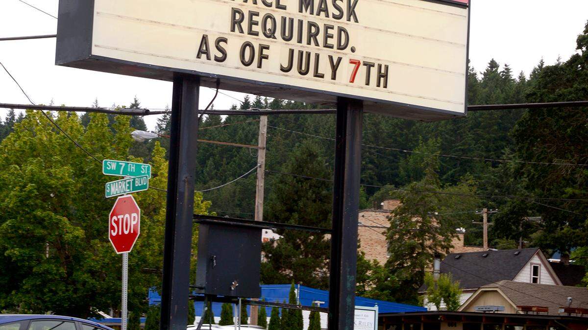The reader board at the Ace Hardware store in Chehalis offers a reminder to customers of the COVID-19 driven, state-mandated mask requirements for entry to businesses beginning July 7. photo taken July 3,2020