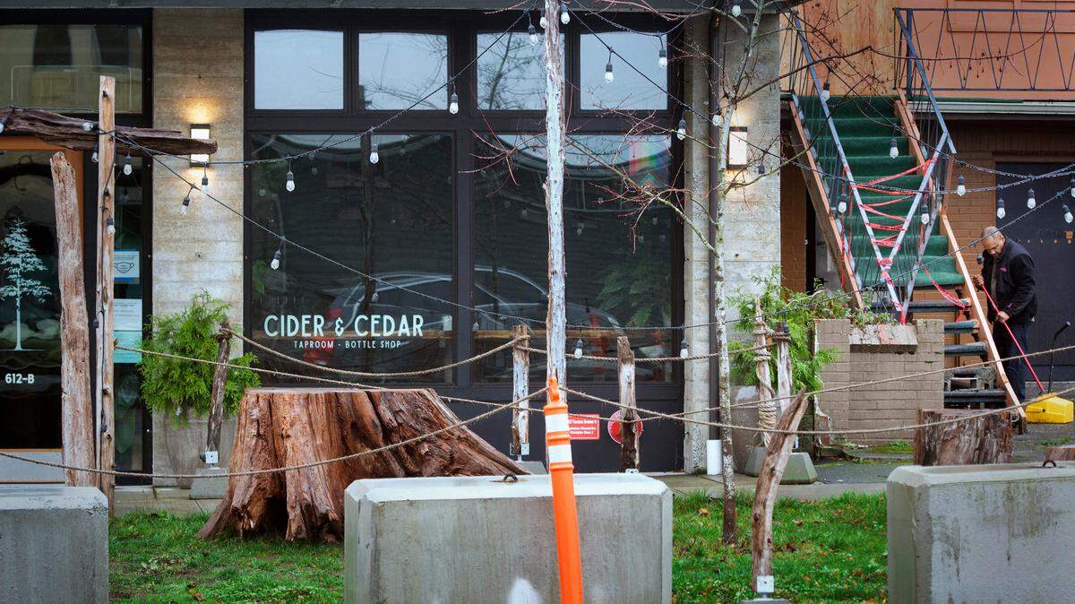 Untenable conditions caused by nearby homeless encampments have prompted the owners of Cider & Cedar Taproom to move to new location in downtown Tacoma, Washington — shown on Tuesday, Dec. 7, 2021. Police occasionally advised guests sitting outside to move indoors, the owners said.