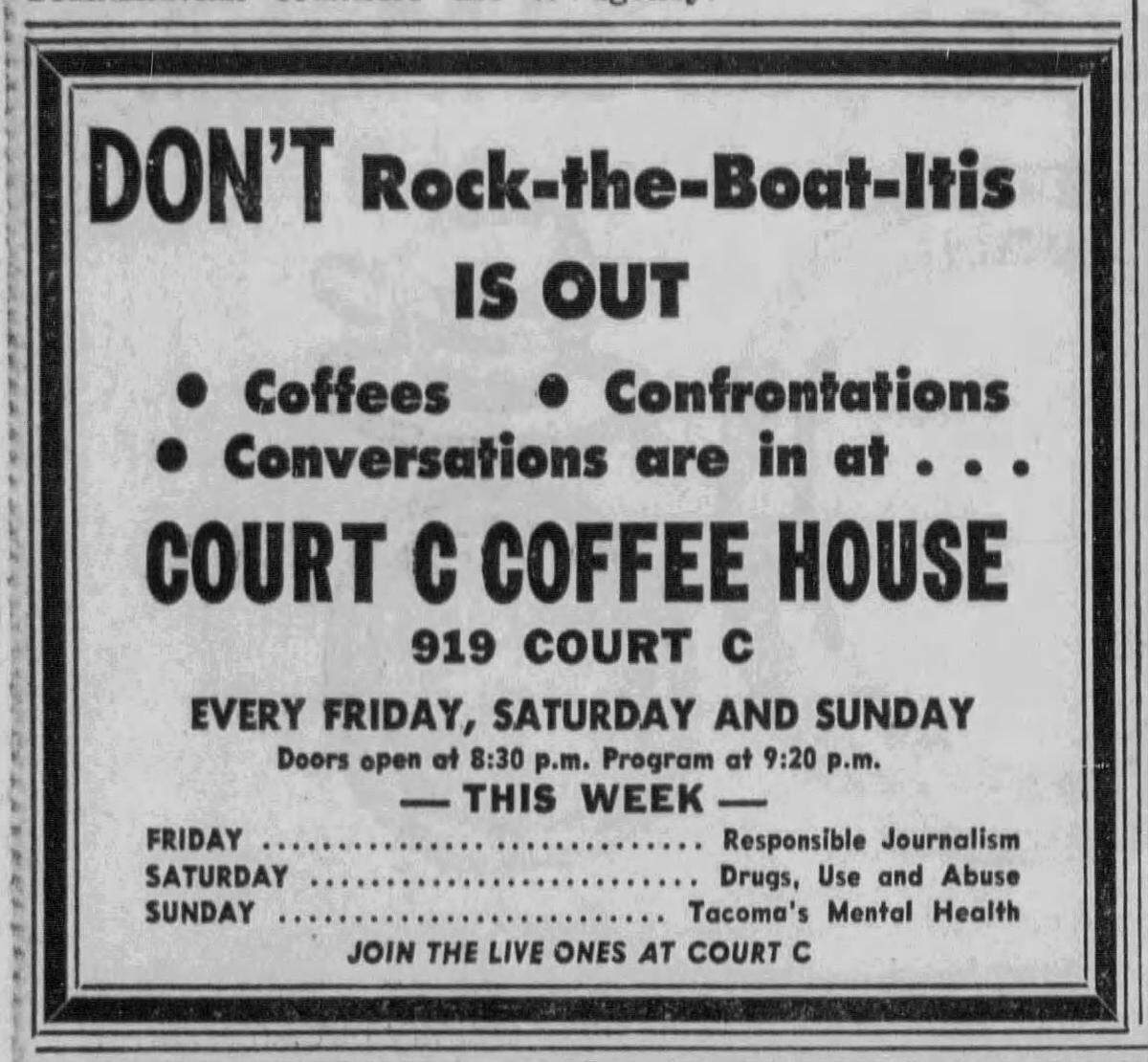 An advertisement for Court C Coffeehouse published in The News Tribune in 1968.