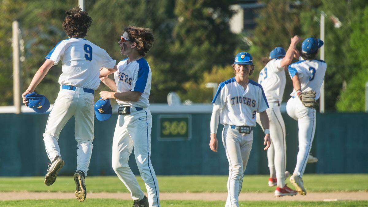 Stadium baseball players celebrate their win over Gig Harbor in the opening round of the Class 3A state playoffs on Tuesday, May 16, 2023 at Heidelberg Sports Complex in Tacoma, Wash.