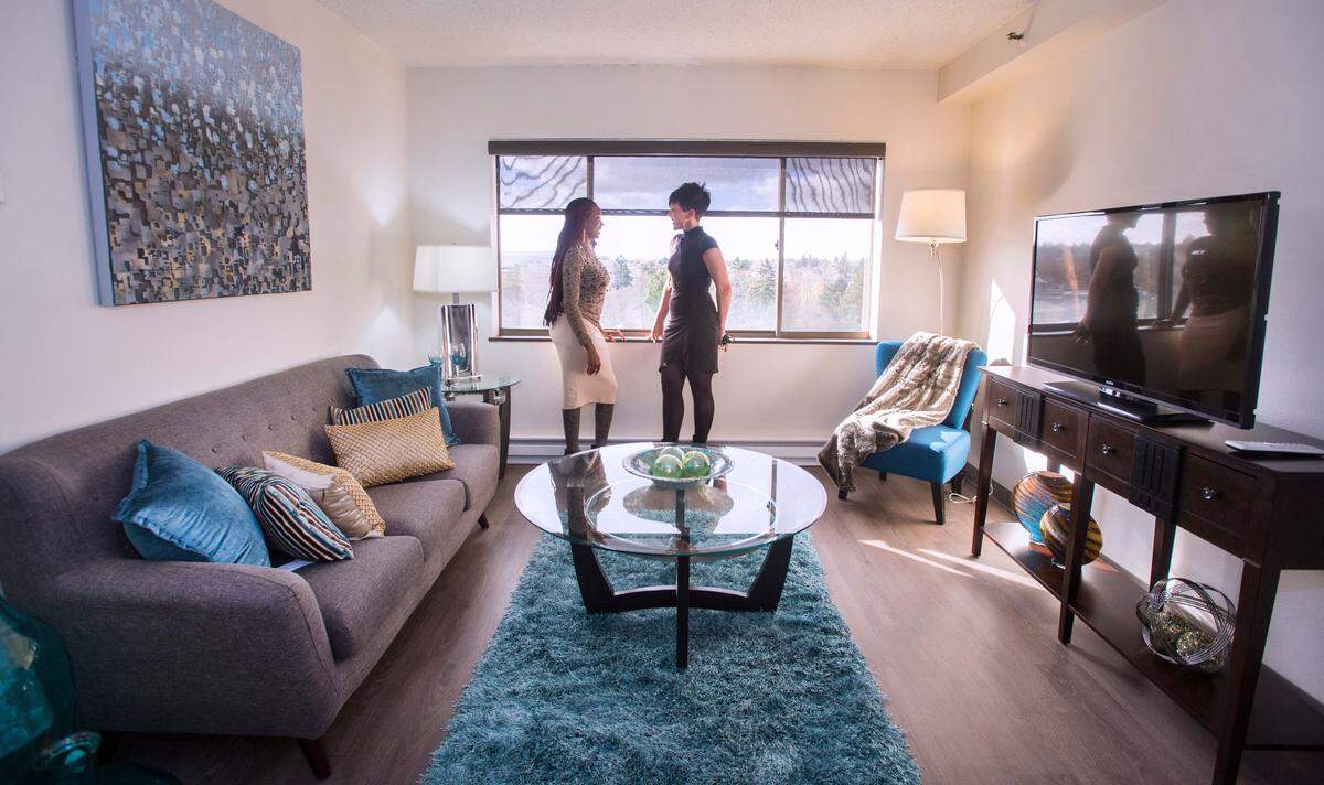In this 2016 file photo, an approximately 600-square-foot post-renovation one-bedroom suite model at Orion Apartments in Tacoma boats a variety of designer finishes. Chatting in the background is community business manager Kathlyn Muller, right, and assistant Nikki Trimble. 