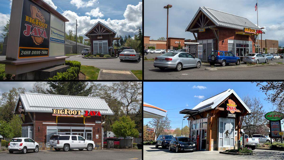 Business was steady recently at these four Big Foot Java drive-thru coffee stands. The Western Washington chain received more than $2.5 million from the Paycheck Protection Program. Clockwise from left: 1920 112th St., Parkland; 5921 6th Ave., Tacoma; 406 Ellingson Road, Pacific; and 10506 Sales Road, Tacoma.