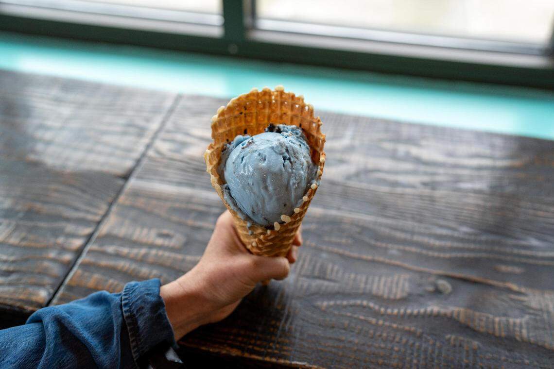 Cookie Monster, made with naturally blue spirulina powder, is one of the most popular flavors at Bliss Small Batch Creamery in University Place, Wash.
