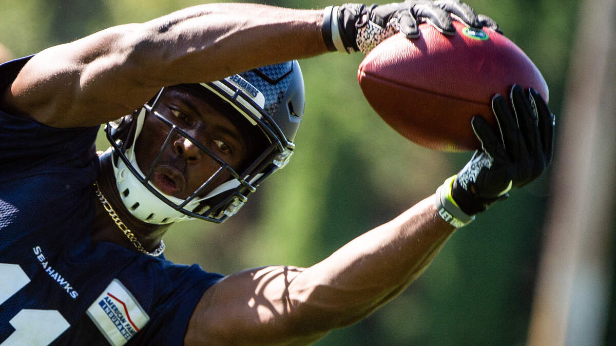 Gary Jennings makes a catch during drills at the Seattle Seahawks training camp at the Virginia Mason Athletic Center in Renton, Wash., on Thursday, July 25, 2019.