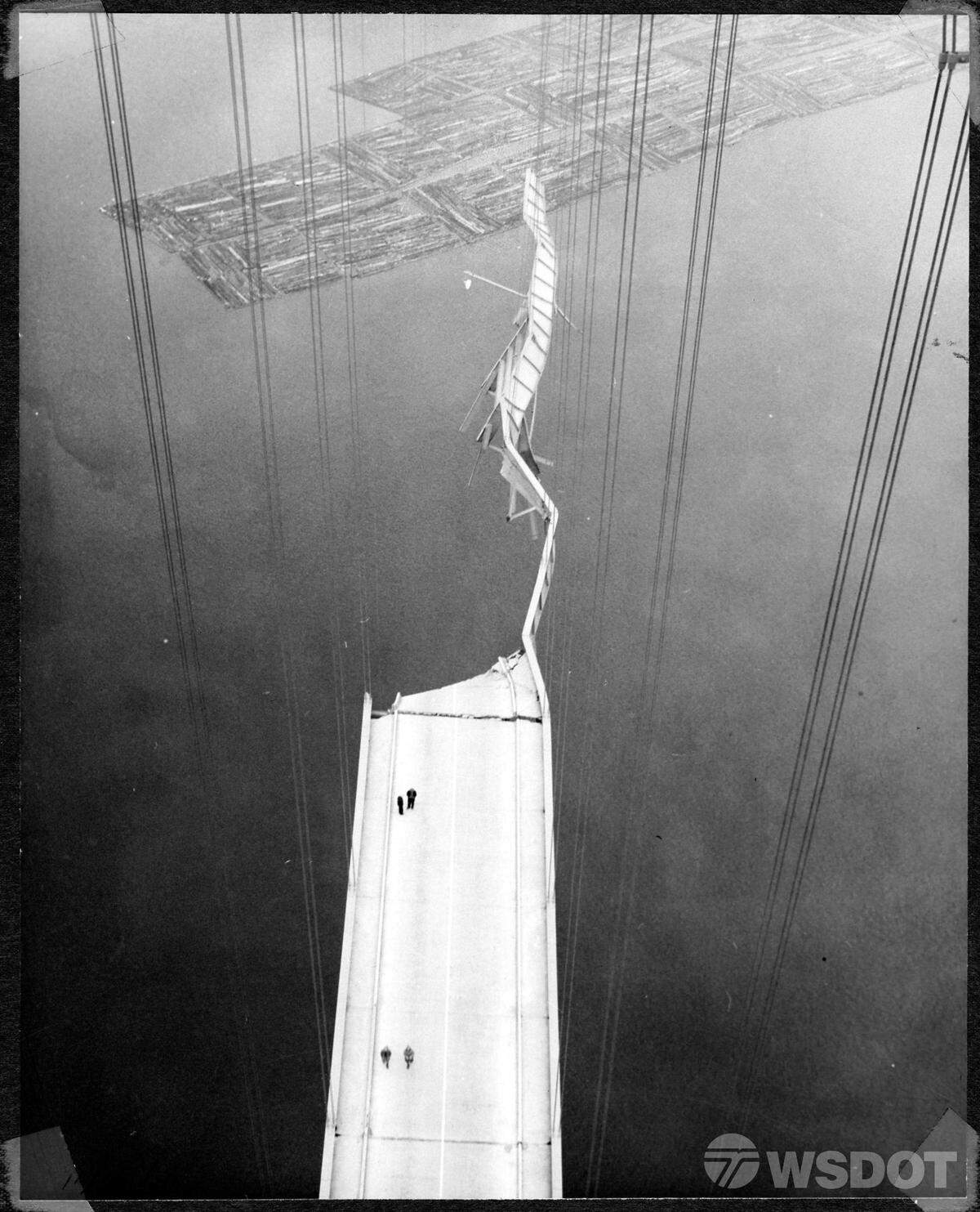 This photo shows a surviving portion of the center-span of the Tacoma Narrows Bridge after the Nov. 7, 1940 windstorm.