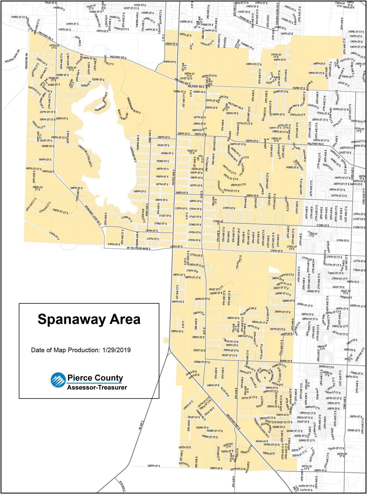 A map produced in 2019 by the Pierce County Assessor-Treasurer depicting a proposed boundary for the incorporation of Spanaway, Washington.