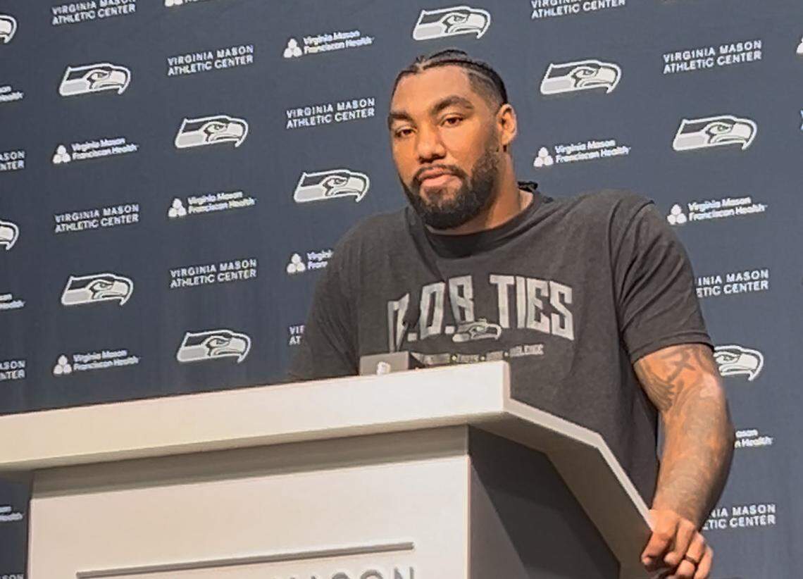 Pro Bowl defensive end Leonard Williams before Seahawks practice at the Virginia Mason Athletic Center in Renton Wednesday, Dec. 3, 2025.