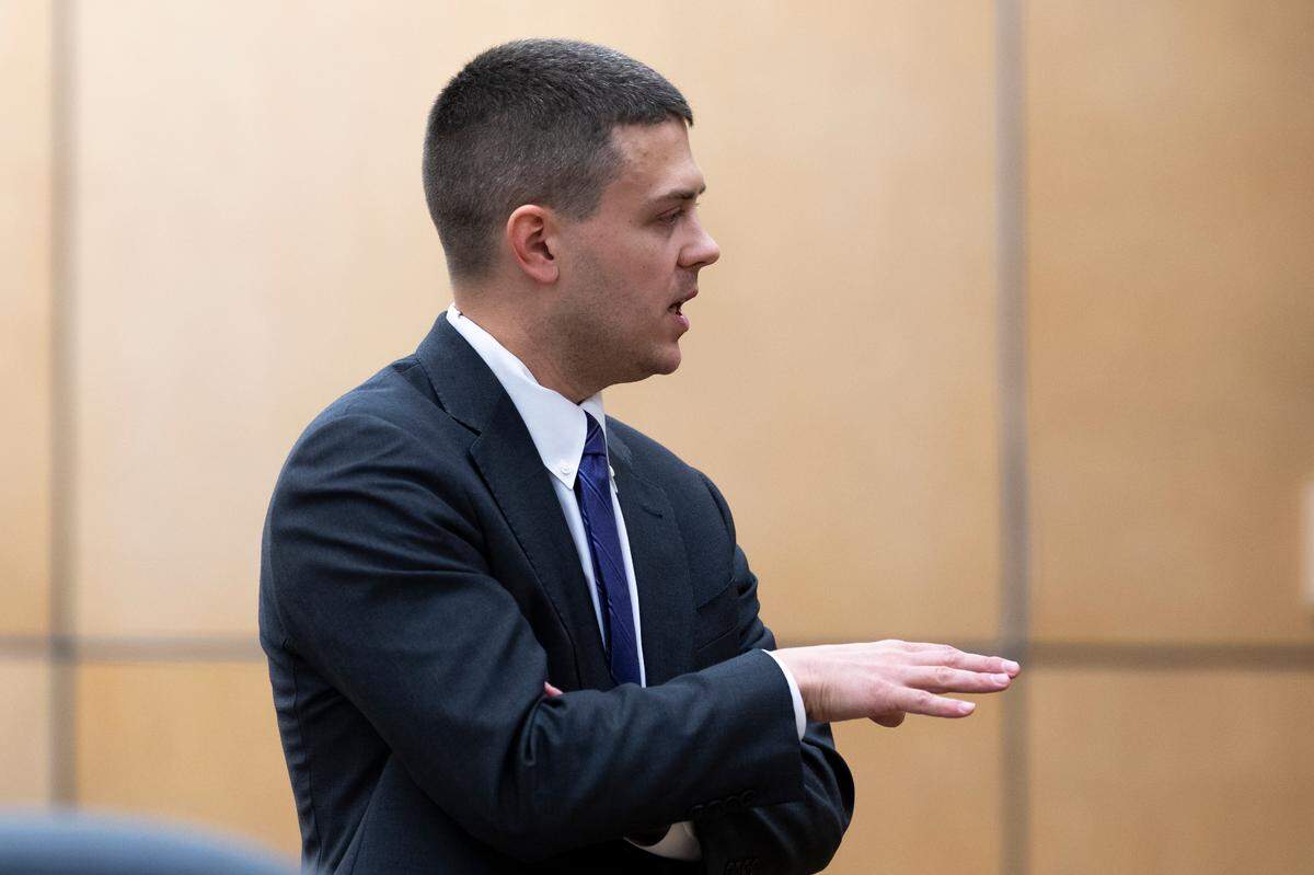 Prosecutor Richard Weyrich gives opening statements during the trail of Jacob Jackson, a former Sumner High School basketball coach, accused for sexually abusing eight boys, at Pierce County Superior Court on Thursday, Dec. 12, 2024, in Tacoma, Wash.