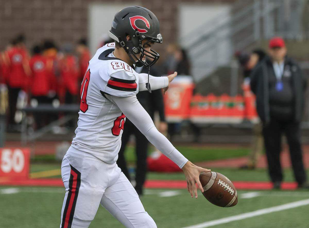 Camas High School punter Bryce Leighton showed why he was selected as an Under Armour All-American with a 55-yard punt at a key moment of the Class 4A state championship game on Saturday, Dec. 7, 2019 at Mount Tahoma Stadium in Tacoma, Wash.