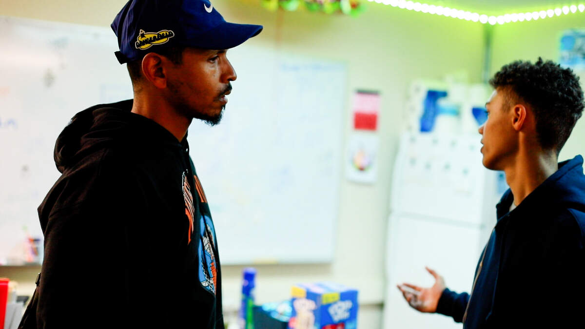 Paul Maestry-Williams (left) works with a student at Keithley Middle School in Parkland participating in the Hip-Hop Therapy program. The program was created with help from Bedez and Kevan Carter Sr., who lost their son Kevan Carter Jr. to suicide in 2019.