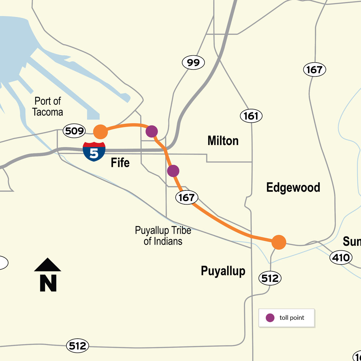 This map shows the route of the SR 167 Completion Project between the Port of Tacoma and Puyallup.