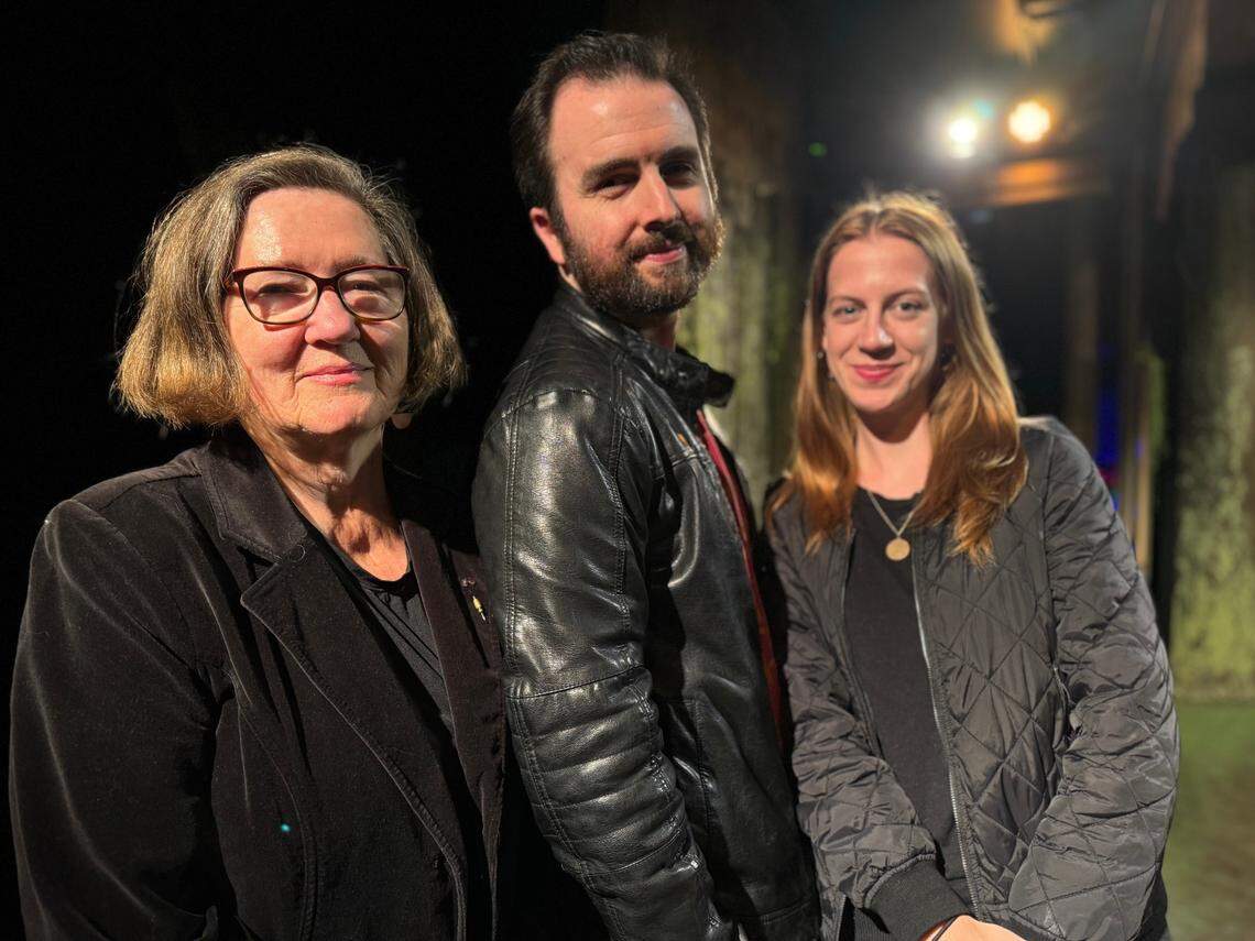 (From left) Linda Dowdell is the musical director, Casey Raiha plays John Tornow and Jessica Welsh is the playwright for “The Wild Man of the Wynoochee” now showing at Key City Theatre in Port Townsend.