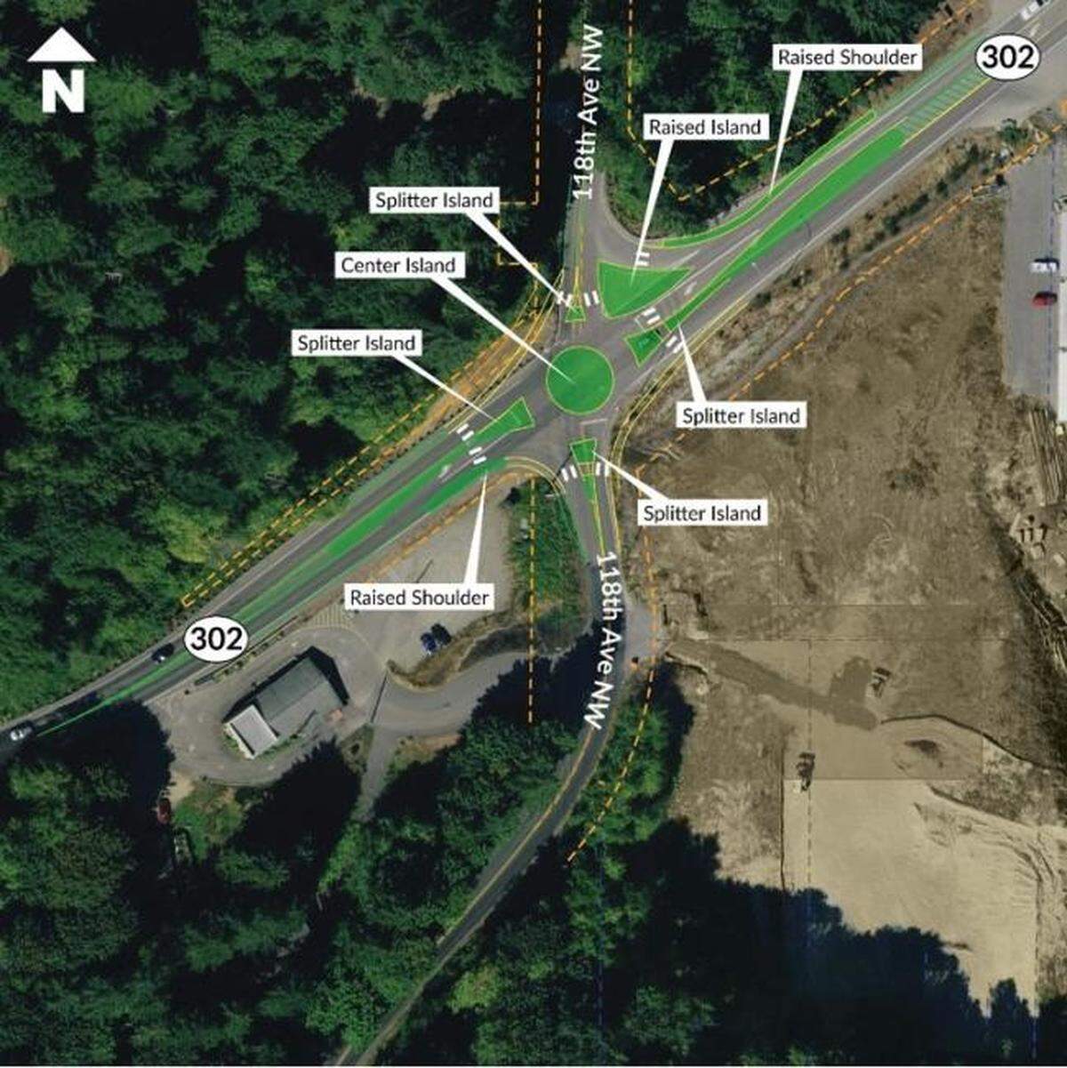 The Washington State Department of Transportation is designing a single-lane roundabout at the intersection of state Route 302 and 118th Avenue Northwest on the Key Peninsula near Gig Harbor, Wash.